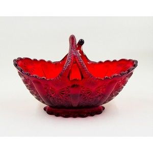Fenton Glass Ruby Red Daisy and Button Twig Handled Oval Basket Original Sticker